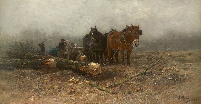 Anton Mauve | Houthakkers, boomstammen en mallejan met paarden, olieverf op doek, 106,6 x 205,8 cm, gesigneerd r.o. en gedateerd '77