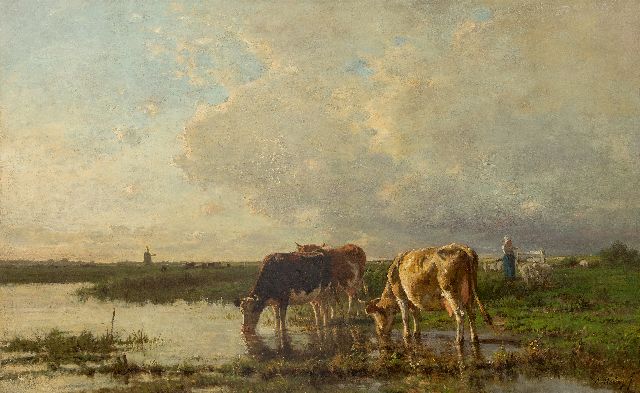 Anton Mauve | Drinkend vee bij de rivier, olieverf op doek, 84,8 x 134,8 cm, gesigneerd r.o.