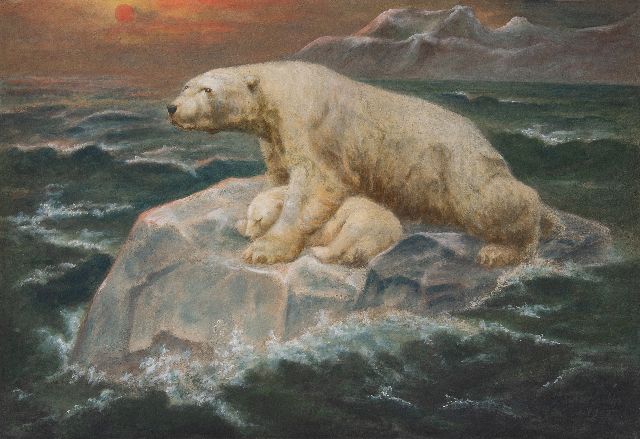 Nettleship J.T.  | IJsbeer met jong op ijsschots bij zonsondergang, gouache op papier 47,2 x 69,9 cm, gesigneerd r.o. en gedateerd 1900