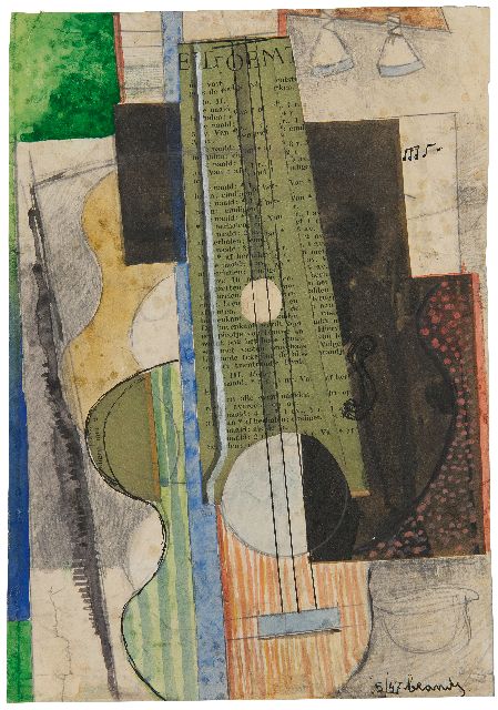 Eugène Brands | Guitaar, gouache en collage op papier op board, 26,5 x 18,5 cm, gesigneerd r.o. en gedateerd 5/47