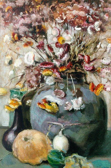 Geraldo Brender à Brandis | Droogbloemen in een vaas, olieverf op doek, 75,0 x 50,2 cm, gesigneerd r.o.