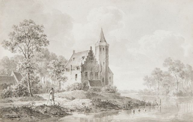 Barend Cornelis Koekkoek | Reizigers bij een kasteel op de rivieroever, gewassen inkt op papier, 18,0 x 27,5 cm