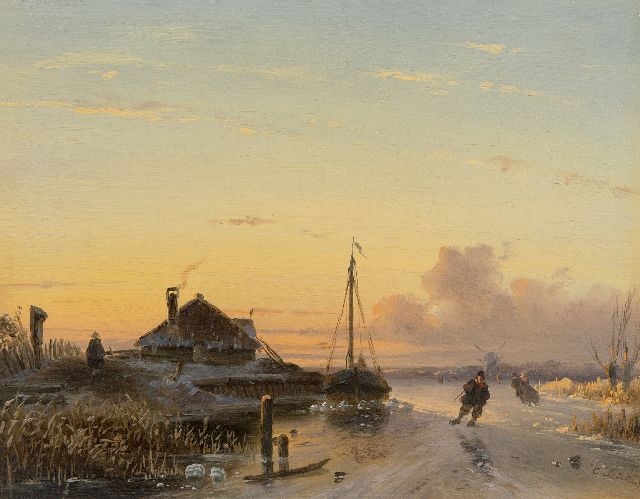 Charles Leickert | Schaatsers op het ijs bij ondergaande zon., olieverf op paneel, 17,0 x 21,0 cm, gesigneerd r.o. en te dateren ca. 1850