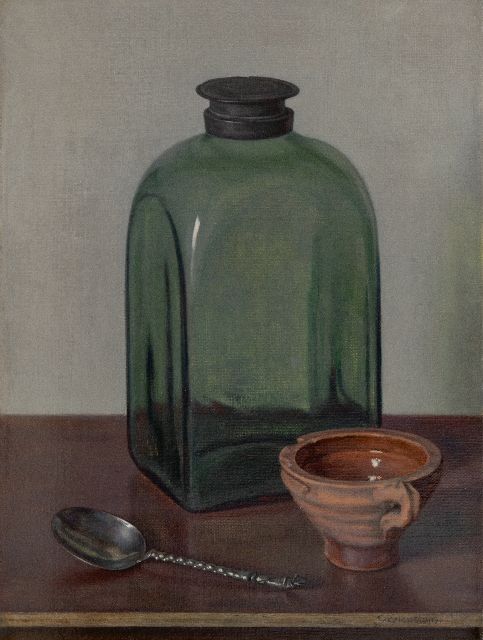 Hendrikus IJkelenstam | Stilleven met glazen fles, olieverf op doek, 41,2 x 30,3 cm, gesigneerd r.o.