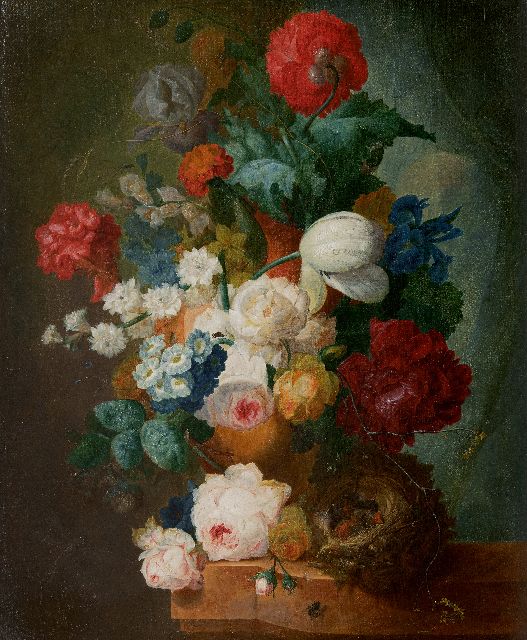 Jan van Os | Stilleven met rozen, papavers en vogelnestje, olieverf op doek, 66,3 x 55,0 cm, gesigneerd r.o. (draagt sleetse signatuur)