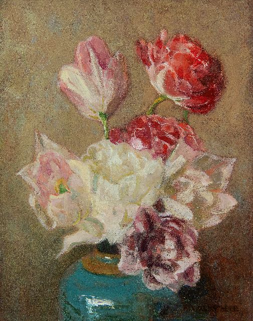 Marie Wandscheer | Dubbele tulpen in gemberpot, olieverf op doek, 30,0 x 23,8 cm, gesigneerd r.o.