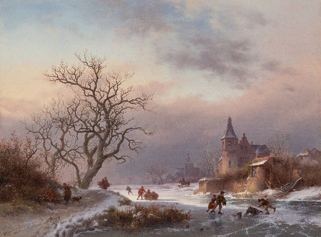 Frederik Marinus Kruseman | Winterlandschap met schaatsers op een bevroren rivier, olieverf op paneel, 29,0 x 39,0 cm, gesigneerd l.o. en gedateerd 1855