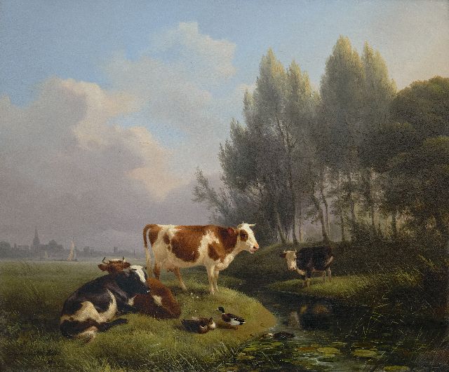 Henriette Ronner | Rustend vee in een wei, Den Bosch in de verte, olieverf op paneel, 33,0 x 39,2 cm, gesigneerd l.o. en gedateerd 1845