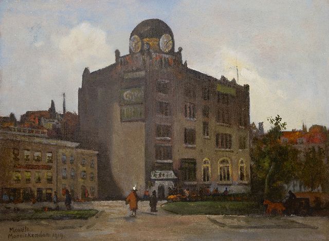 Maurits Monnickendam | Gezicht op de Diamantbeurs, Amsterdam, olieverf op doek, 74,5 x 99,2 cm, gesigneerd l.o. en gedateerd 1919