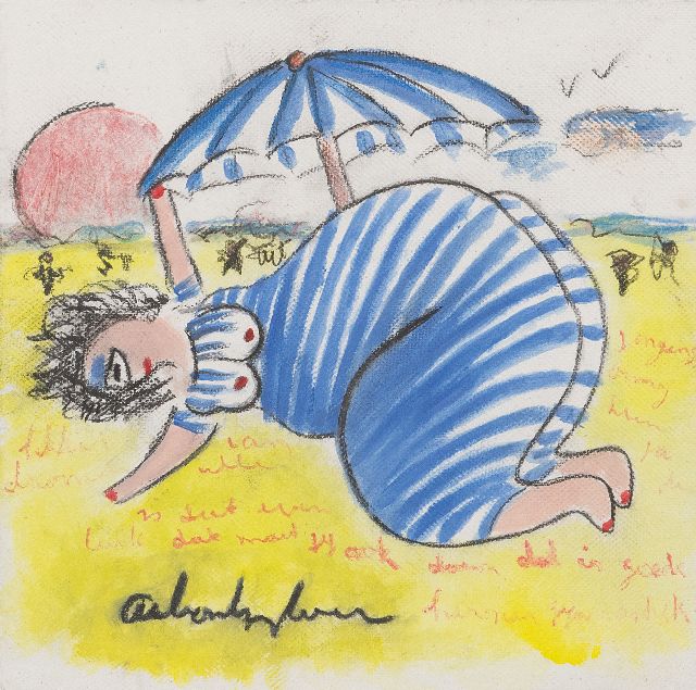 Anton Heyboer | Zonnebaadster onder een parasol, krijt en gouache op papier, 28,0 x 28,0 cm, gesigneerd m.o.