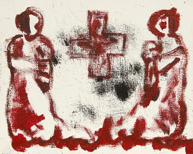 Heyboer A.  | Compositie met kruis, olieverf op doek 24,2 x 29,9 cm, gesigneerd m.o.