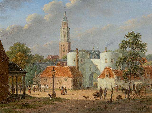 Pieter de Goeje | De Sabelspoort in Arnhem gezien vanaf de Rijn, met links de vismarkt, olieverf op paneel, 23,4 x 31,2 cm, gesigneerd r.o. en te dateren ca. 1848