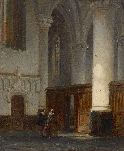 Springer C.  | Man en vrouw in een kerkinterieur, olieverf op doek 32,9 x 27,3 cm, gesigneerd l.o. met monogram en gedateerd '44