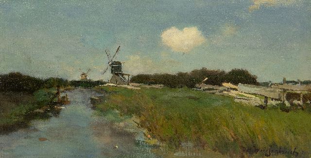 Jan Hendrik Weissenbruch | Molens langs poldervaart bij Noorden, olieverf op doek op paneel, 23,0 x 43,1 cm, gesigneerd r.o.