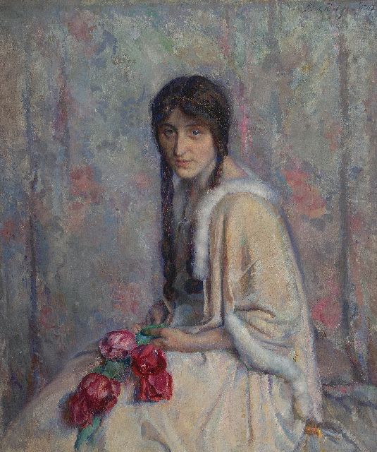 Albert Roelofs | Portret van Jeanne Marie Henriette Braun, olieverf op doek, 105,0 x 89,5 cm, gesigneerd r.b. en gedateerd '17