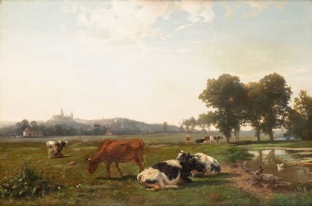 Hendrik Lot | Zomers weidelandschap met koeien en boerin, olieverf op doek, 64,0 x 91,0 cm, gesigneerd r.o.