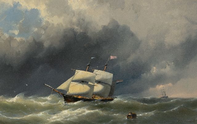 Hermanus Koekkoek jr. | Brik voor de kust bij zwaar weer, olieverf op paneel, 28,1 x 44,1 cm, gesigneerd r.o.