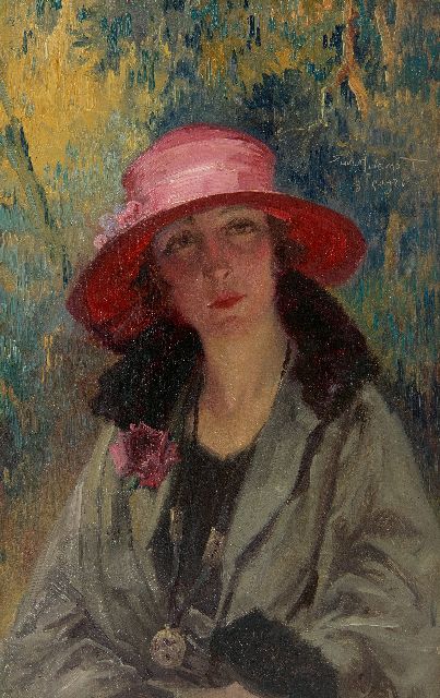 Privat Livemont | Vrouw met roze hoed, olieverf op paneel, 34,3 x 21,7 cm, gesigneerd r.b. en gedateerd 8-5-1921