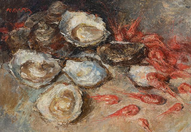 Arthur Navez | Stilleven van oesters en garnalen, olieverf op doek, 35,0 x 50,2 cm, gesigneerd l.b.
