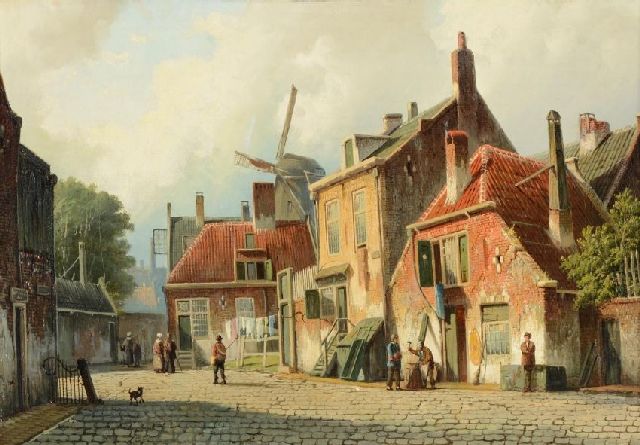 Willem Koekkoek | Hollands dorpsstraatje met molen, olieverf op doek, 37,6 x 54,4 cm