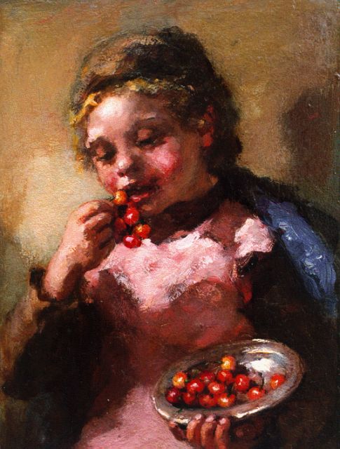 André Broedelet | Kersen etend meisje, olieverf op paneel, 21,2 x 15,4 cm, gesigneerd l.o.