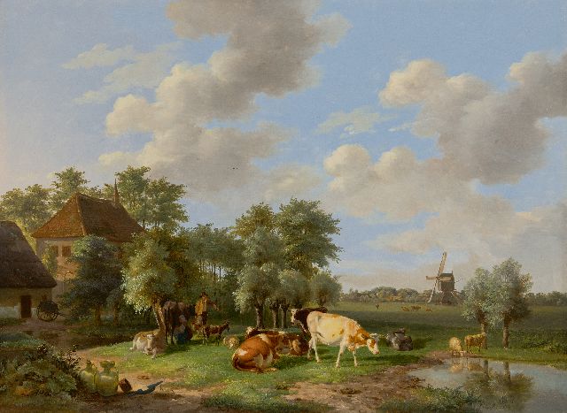 Frans Lebret | Melktijd op de boerderij, olieverf op paneel, 52,3 x 70,8 cm, gesigneerd r.o. met initialen