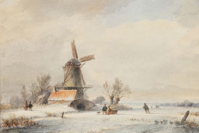 Lodewijk Johannes Kleijn | Sneeuwlandschap met schaatser en duwslede op het ijs, aquarel op papier, 17,6 x 26,4 cm, gesigneerd verso