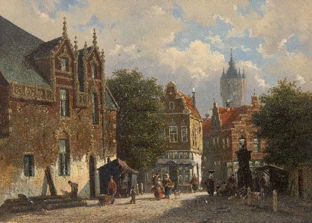 Frederik Roosdorp | Zonnig stadsgezicht met de Oude Kerk van Delft, olieverf op doek, 29,2 x 40,0 cm, gesigneerd verso met initialen