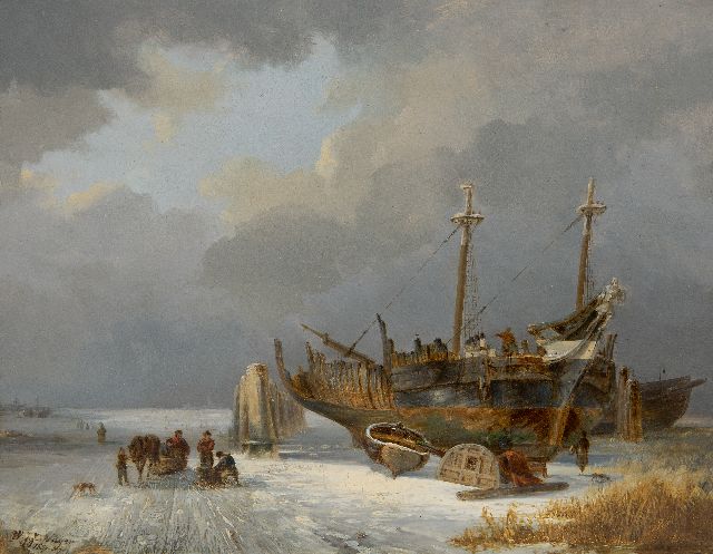Nuijen W.J.J.  | Hollands ijsgezicht met figuren en scheepswerfje, olieverf op paneel 23,4 x 29,8 cm, gesigneerd l.o. en gedateerd 1830