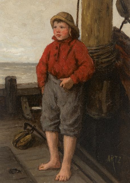 David Artz | Katwijkse vissersjongen in roodbaaien hemd (alleen tezamen met pendant), olieverf op paneel, 22,5 x 16,2 cm, gesigneerd r.o.