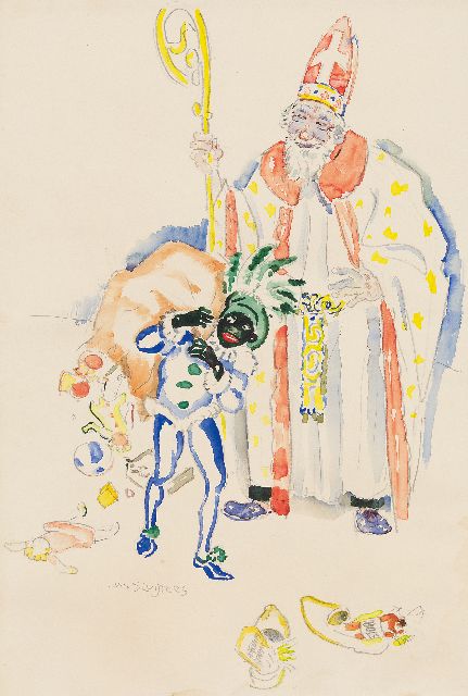 Jan Sluijters | St. Nicolaasavond, 1946 met in de schoenen pruimtabak en bols, aquarel op papier, 46,6 x 31,5 cm, gesigneerd l.o. en te dateren 1946