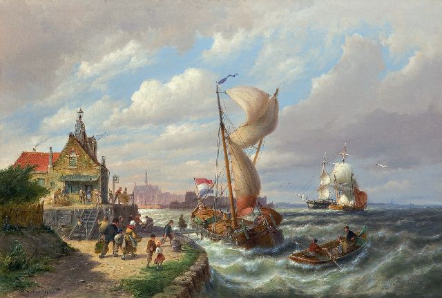 Pieter Cornelis  Dommershuijzen | Het vertrek van het veer, olieverf op doek, 50,7 x 76,2 cm, gesigneerd l.o. en gedateerd 1912