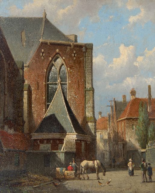 Willem Koekkoek | Gezicht op de Oude Kerk, Amsterdam, olieverf op paneel, 35,4 x 29,0 cm, te dateren 1860-1862