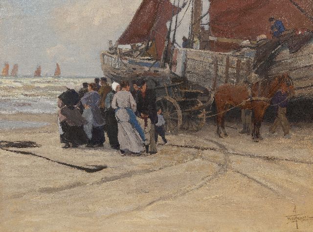 Hendrik Willebrord Jansen | Het vertrek van de vissers, Katwijk, olieverf op doek, 62,0 x 83,0 cm, gesigneerd r.o.