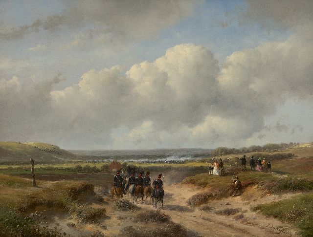 Schelfhout A.  | Militaire manoeuvres: het Haagse garnizoen op de Waalsdorpervlakte; op de voorgrond cavaleristen van het 3e Regiment Ligte Dragonders, olieverf op paneel 22,1 x 29,2 cm, gesigneerd r.o. en te dateren ca. 1862