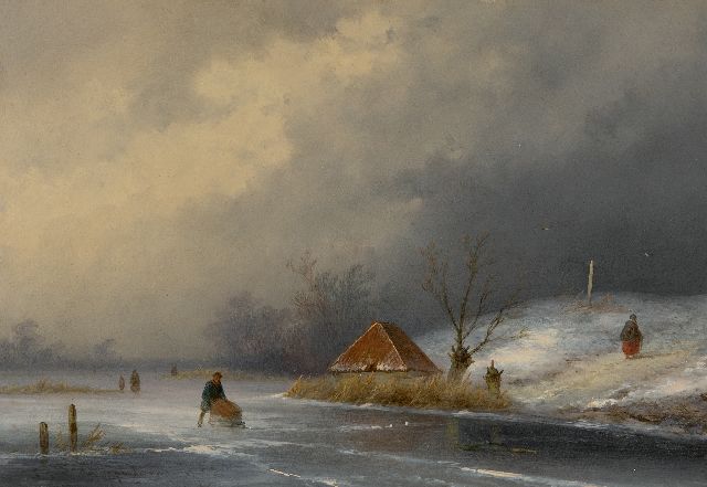 John Franciscus Hoppenbrouwers | Figuren op het ijs bij naderende sneeuwstorm, olieverf op paneel, 22,3 x 31,5 cm, gesigneerd l.o.