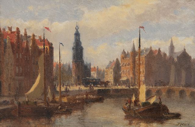 Johannes Frederik Hulk | Het Rokin in Amsterdam met de Munttoren en paardentram, olieverf op paneel, 14,1 x 21,5 cm, gesigneerd r.o.