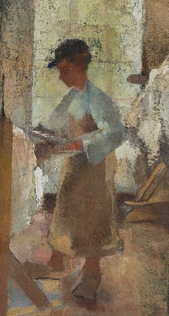 Rappard A.G.A. van | Jonge arbeider aan een spanbok, olieverf op doek 45,1 x 25,4 cm