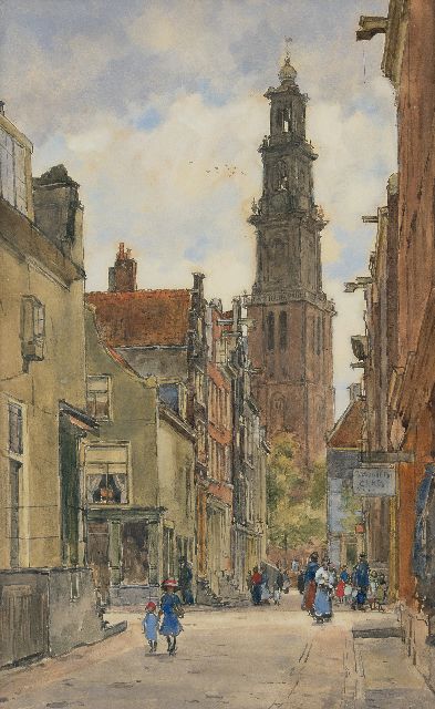 Bobeldijk F.  | Gezicht op de Westertoren Amsterdam vanaf de Jordaan, aquarel op papier 67,2 x 42,0 cm, gesigneerd r.o.