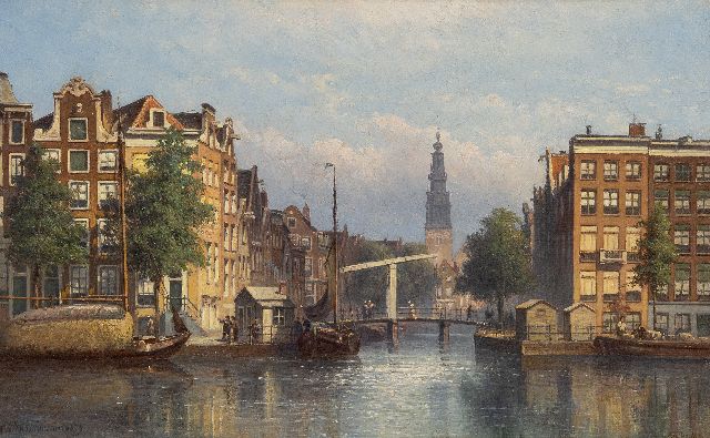 Eduard Alexander Hilverdink | Gezicht op de Groenburgwal in Amsterdam, gezien vanaf de Amstel, olieverf op doek, 29,5 x 46,7 cm, gesigneerd l.o. en gedateerd '79