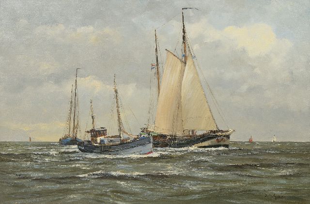 Frits Goosen | Tjalk en vissersschepen op zee, olieverf op doek, 60,5 x 90,3 cm, gesigneerd r.o.