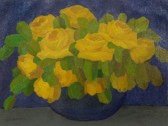 Dirk Smorenberg | Gele rozen in blauwe vaas, olieverf op board, 55,0 x 72,7 cm, gesigneerd l.o.
