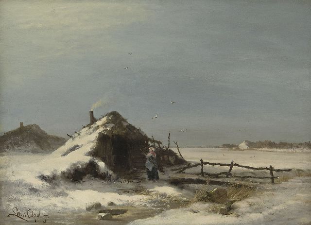 Louis Apol | Winterlandschap met plaggenhut, olieverf op doek, 47,2 x 64,2 cm, gesigneerd l.o. en te dateren ca. 1871-1873