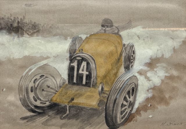 Onbekend | Raceauto nr. 14 in actie  (set van 5), potlood, aquarel en gouache op papier, 19,7 x 29,1 cm, gesigneerd r.o.