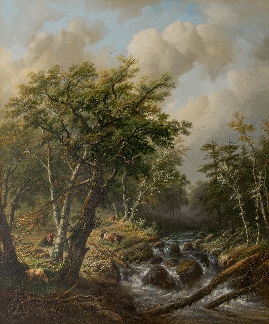 Willem Bodeman & Eugène Verboeckhoven | Boslandschap met koeien bij een rivier, olieverf op doek, 129,5 x 110,0 cm, gesigneerd r.o. door beide schilders en gedateerd 1843