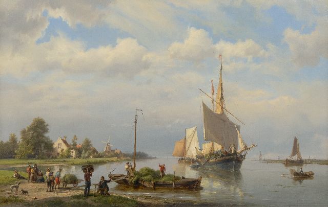 Hermanus Koekkoek | Kalme rivierarm met afgemeerde schepen en hooi ladende figuren, olieverf op doek, 49,0 x 76,8 cm, gesigneerd m.o. en gedateerd 1865