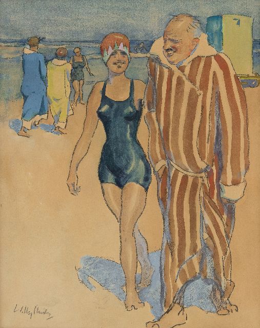 Willy Sluiter | Stel op het strand na een duik, houtskool, aquarel en gouache op papier, 46,0 x 36,0 cm, gesigneerd l.o.
