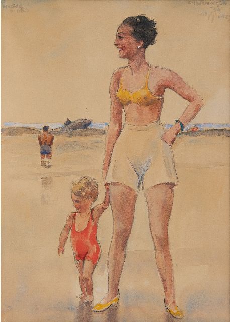 Willy Sluiter | Moeder en kind aan zee, Scheveningen, krijt en aquarel op board, 46,0 x 35,6 cm, gesigneerd r.b. en gedateerd 'Scheveningen' '36