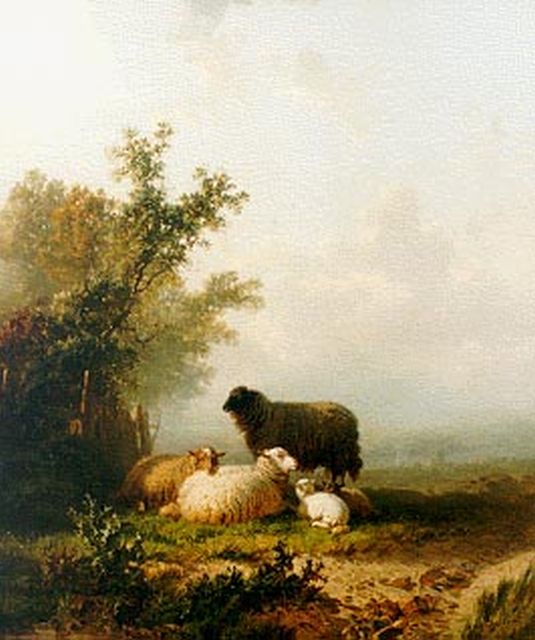 Alfred Edouard Agenor van Bylandt | Landschap met schapen en lammeren, olieverf op doek, 60,0 x 51,0 cm, gesigneerd r.o.