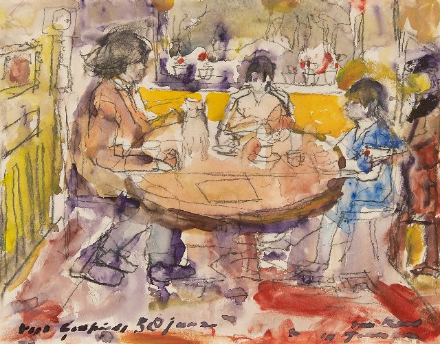Kees Verwey | Godfried en Pietsie Bomans met hun dochter aan tafel, krijt en aquarel op papier, 24,0 x 30,5 cm, gesigneerd r.o. en te dateren ca. 1971